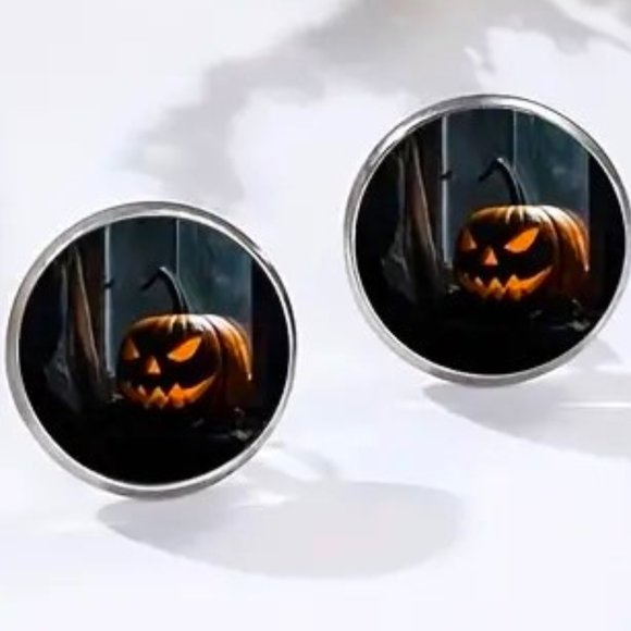 Earrings Spooky Jack O Lantern Pumpkin Surgical Steel Hallowwen Party Goth Emo - Picture 1 of 4